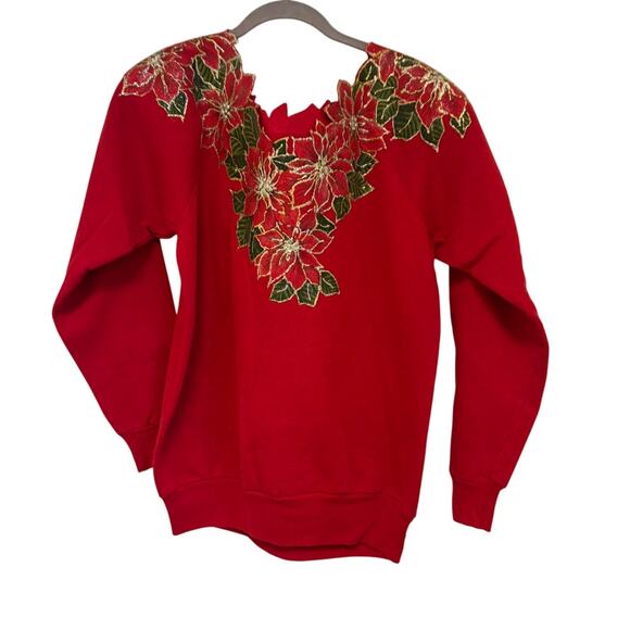 Vintage 90s Puffy Paint Poinsettia Red Sweatshirt Holiday Christmas - Picture 1 of 5